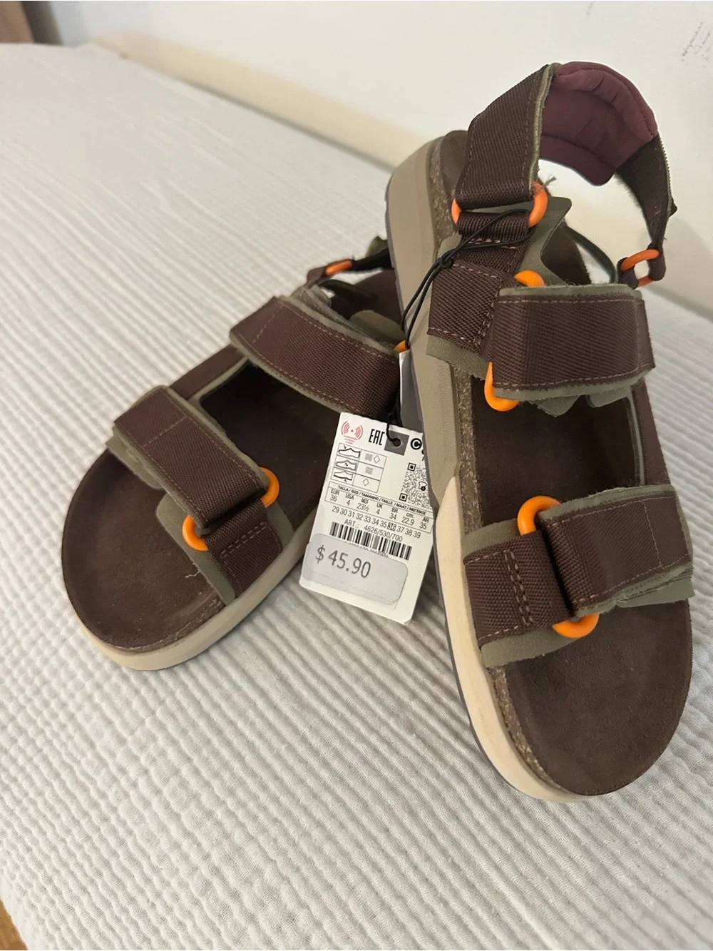 Zara Olive and Brown Kids Hook-and-Loop Sandals with Pink Heel Lining US size 4